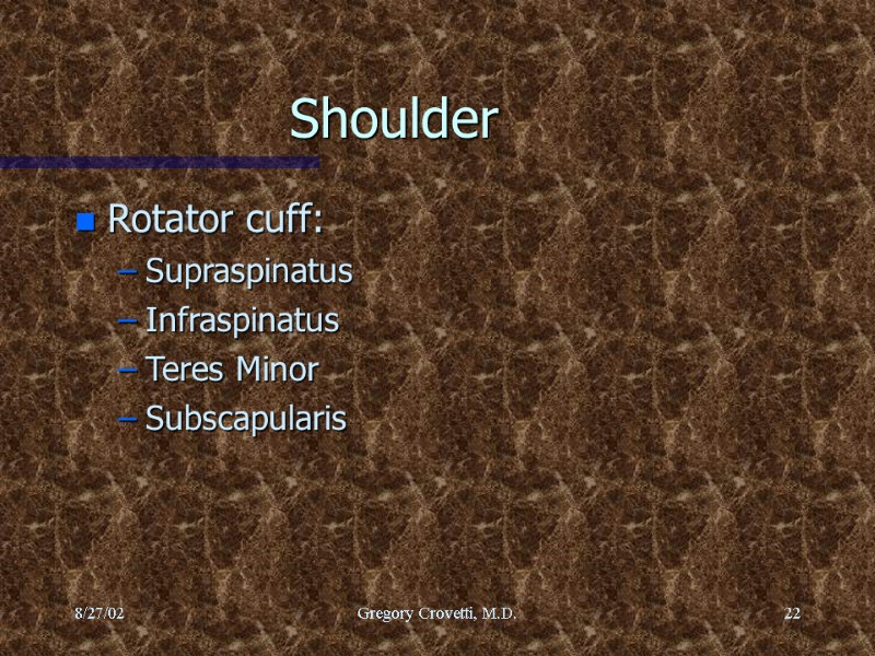 8/27/02 Gregory Crovetti, M.D. 22 Shoulder Rotator cuff: Supraspinatus Infraspinatus Teres Minor Subscapularis